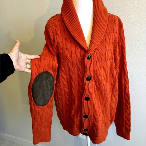 Men Shawl Collar Cardigan Cable Knit Suede Elbow Patch Fisherman Preppy Y2K M